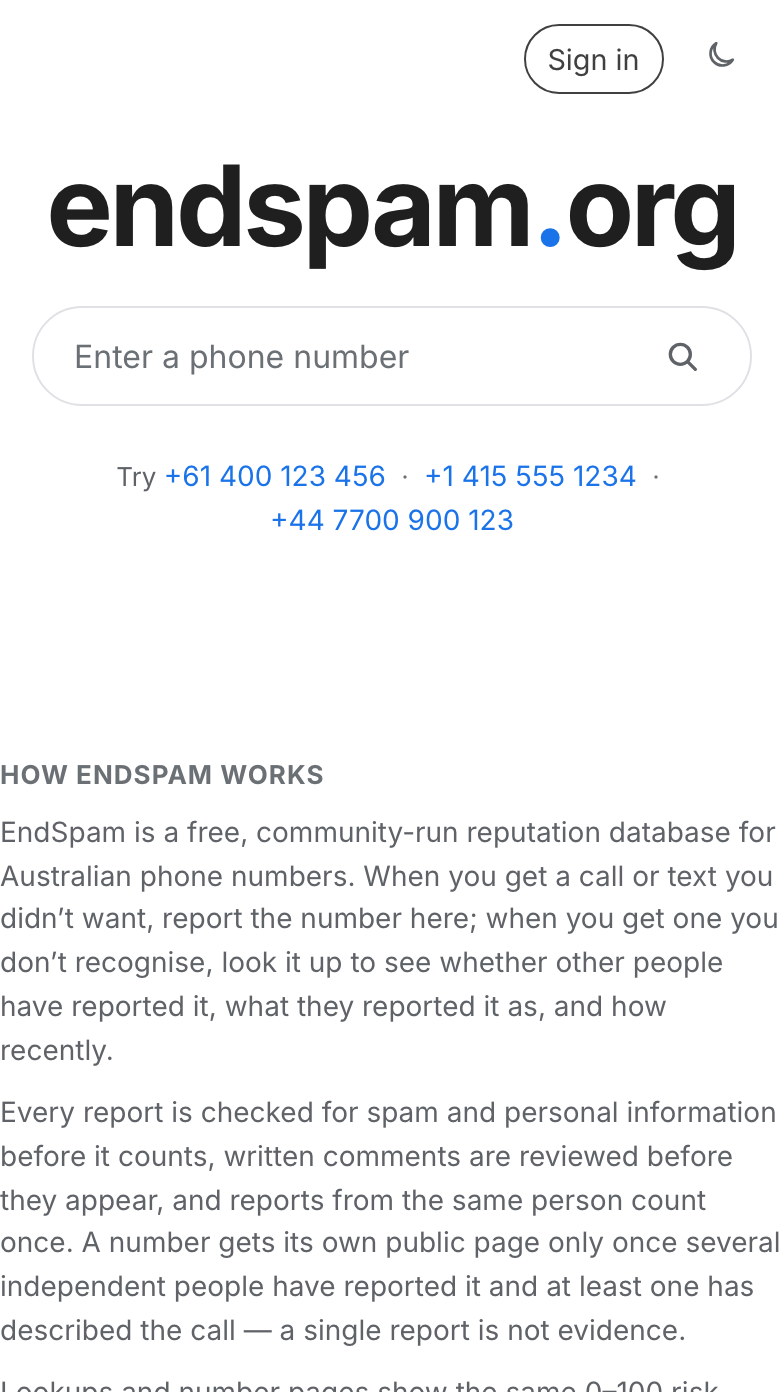 EndSpam on iPhone — number lookup above an explanation of how community reports work.
