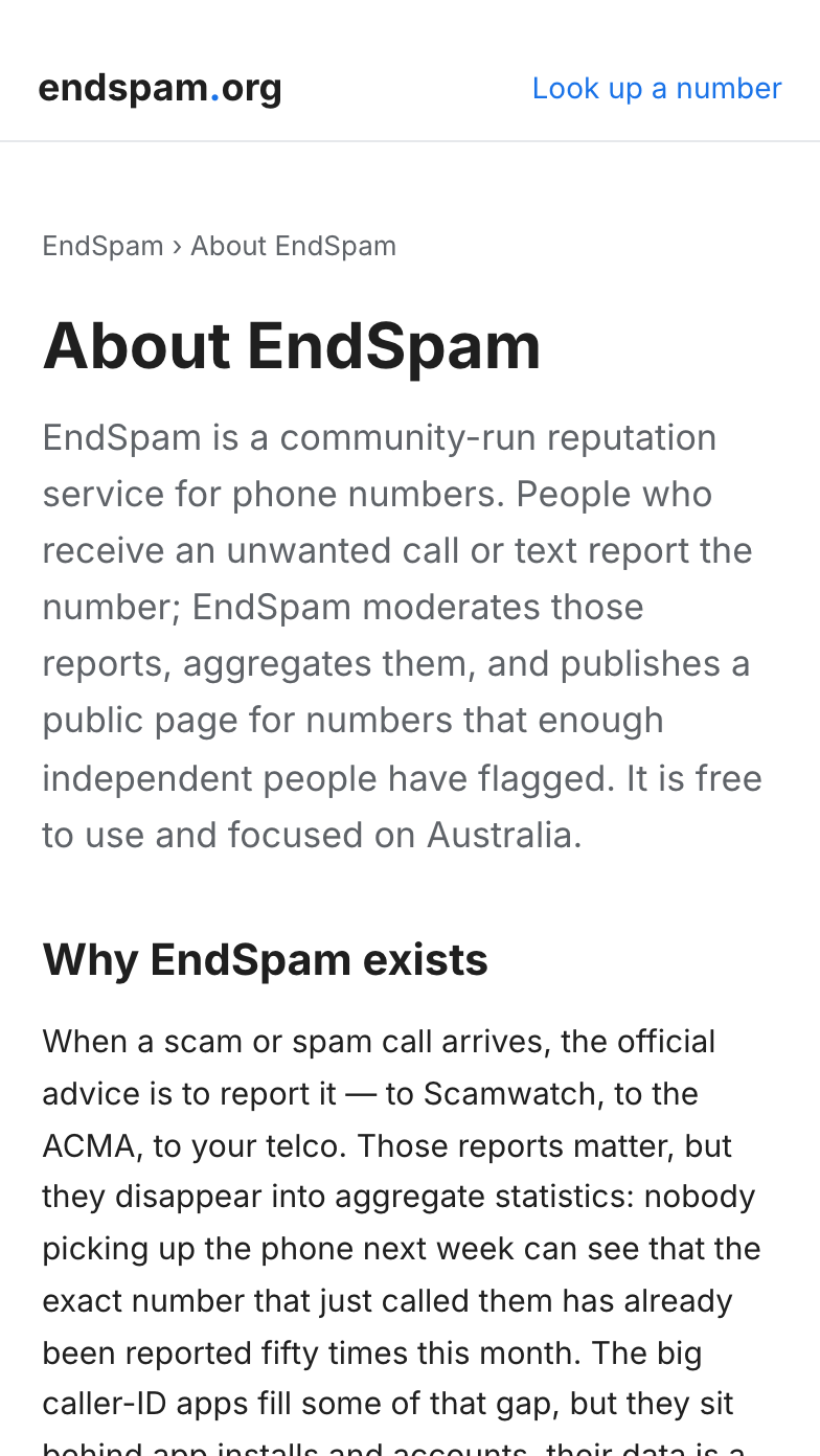 EndSpam on iPhone — the About page explaining why the service exists.