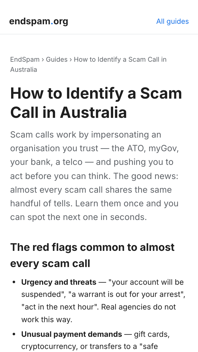 EndSpam on iPhone — a guide to identifying scam calls in Australia.
