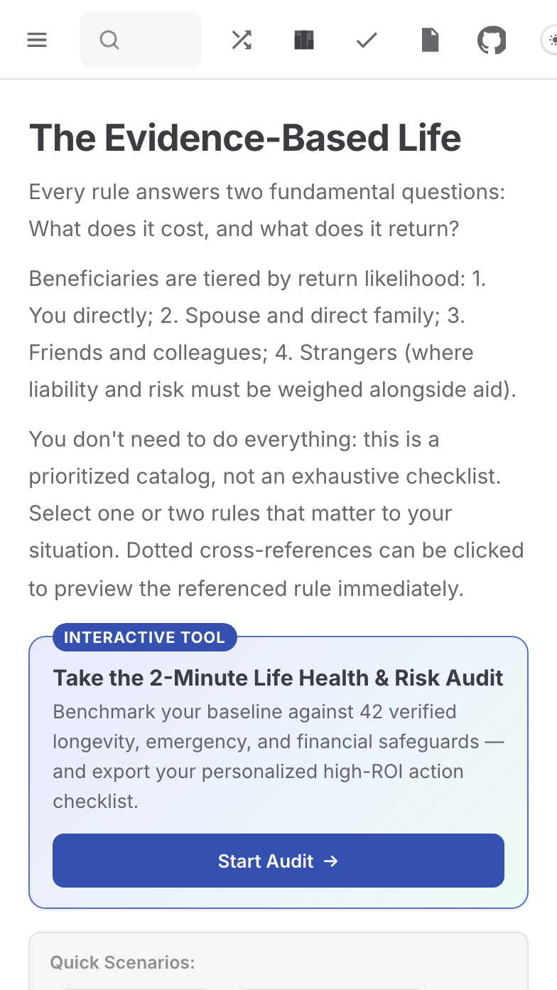 The Evidence-Based Life web reader on iPhone — introduction and the self-audit callout (reader by the upstream English edition).