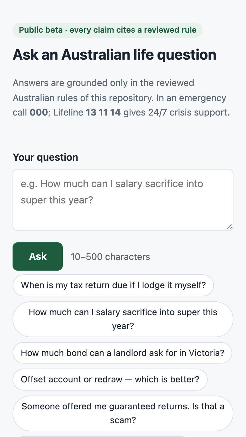 AuLiveBetter on iPhone — the public-beta question screen, with emergency and Lifeline numbers above example questions.
