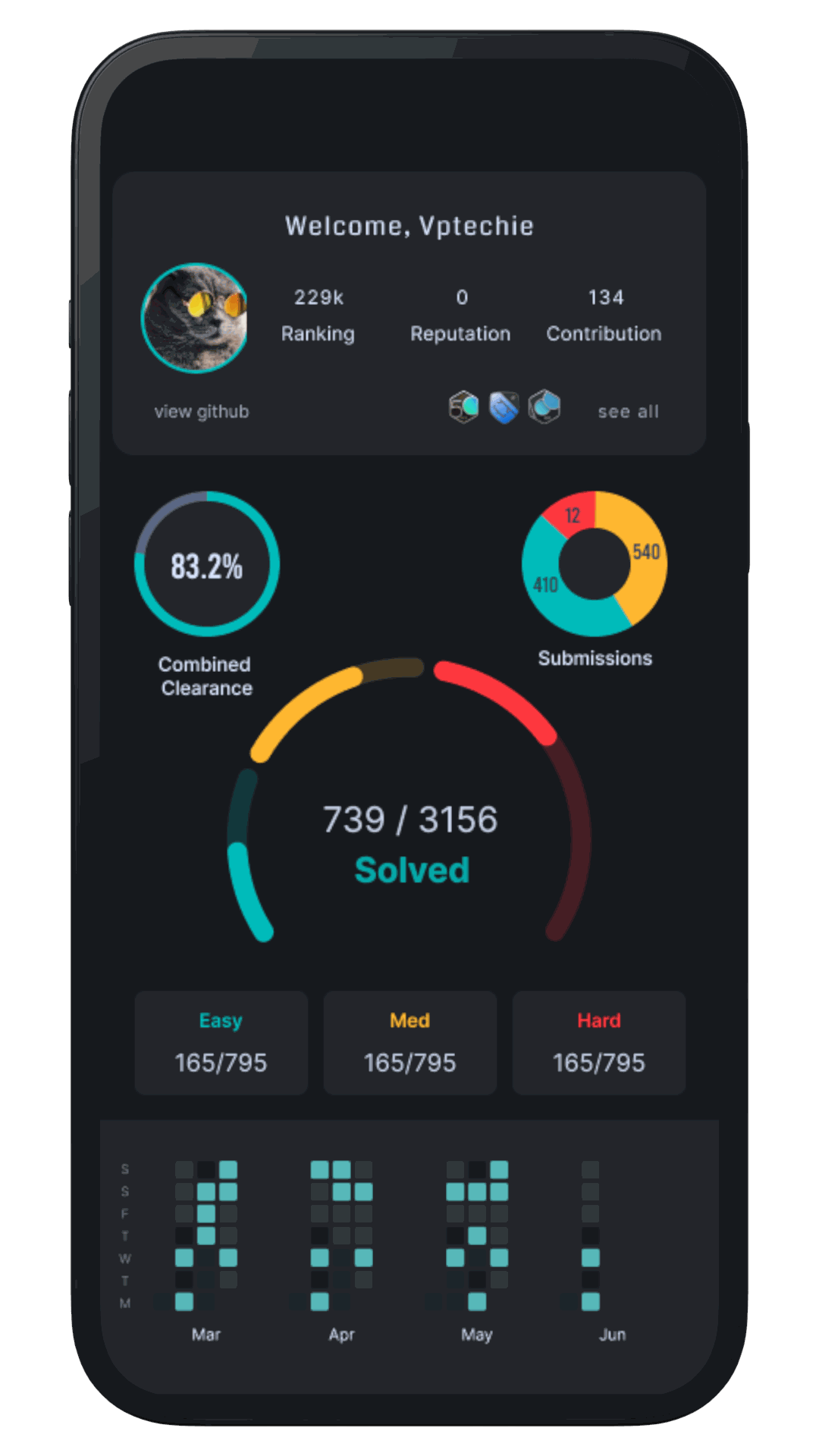 LeetCoder design concept — dark profile dashboard with a solved-problems ring, difficulty tiles and an activity heatmap.