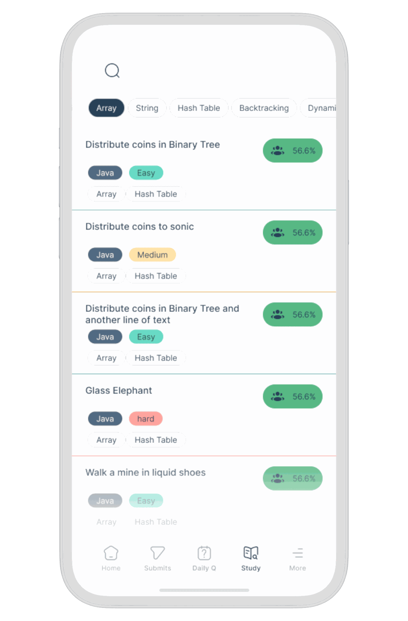 LeetCoder design concept — problem list filtered by topic, with language and difficulty tags.