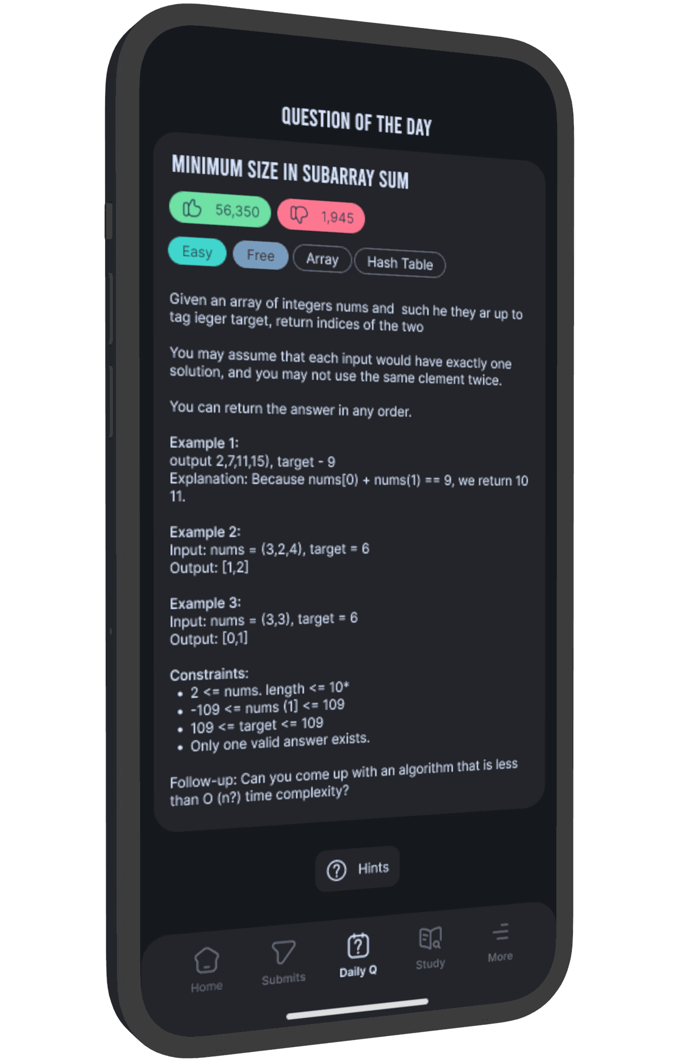 LeetCoder design concept — question-of-the-day reader in dark mode.