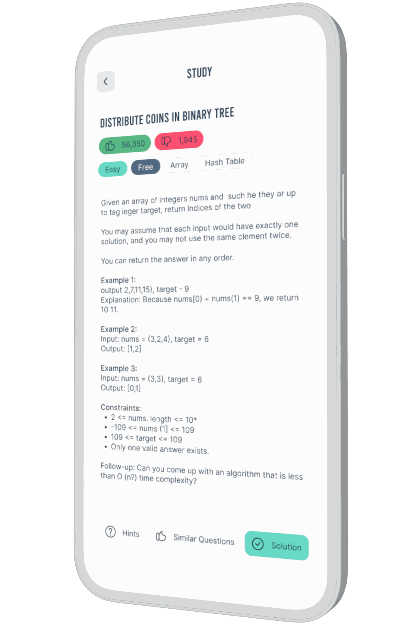 LeetCoder design concept — study view of a problem with hints, similar questions and solution.