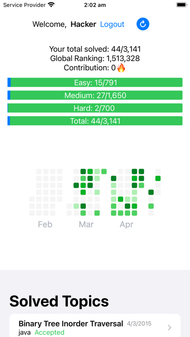 LeetCoder original release on iPhone — solved totals and activity heatmap.