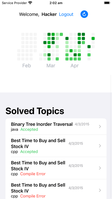 LeetCoder original release on iPhone — activity heatmap and recent submissions.