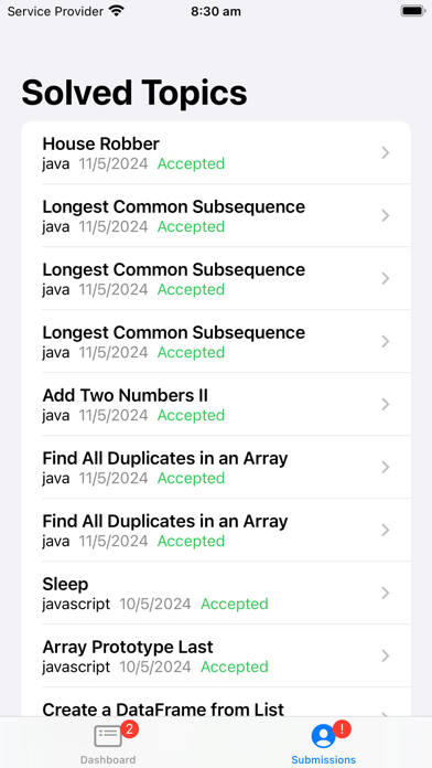 LeetCoder original release on iPhone — submission history with accepted results.