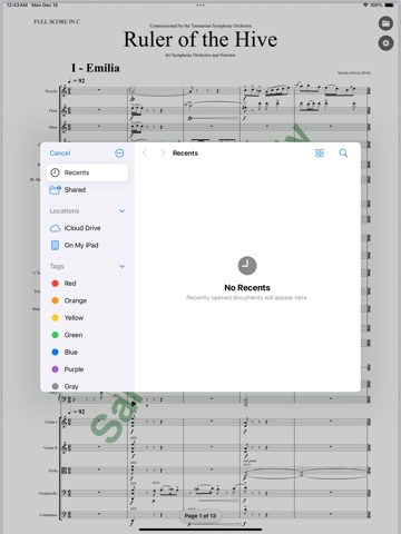 NodMusicScore on iPad — document picker over an open score.