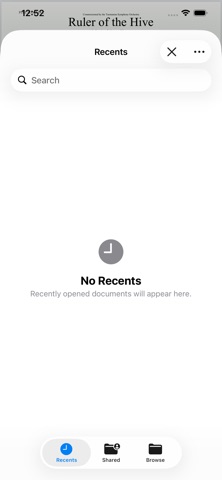 NodMusicScore on iPhone — document picker with an empty Recents list.