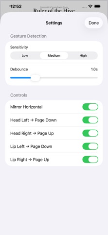 NodMusicScore on iPhone — gesture settings.