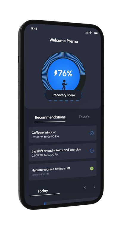 SleepSync app — home screen with a 76% recovery score and shift-aware recommendations.