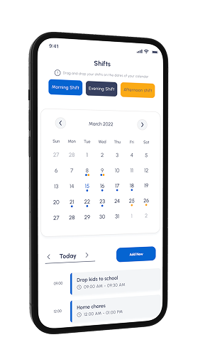 SleepSync app — shift calendar for dragging morning, evening and afternoon shifts onto the roster.