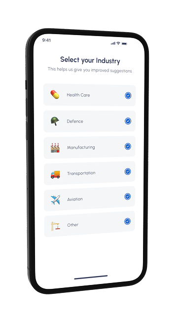 SleepSync app — onboarding industry choice, including healthcare, defence, manufacturing, transportation and aviation.