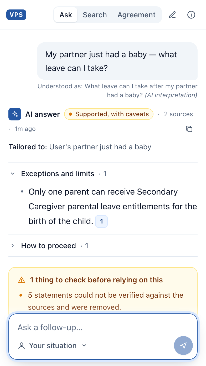 VPSask on iPhone — an answer about parental leave with a numbered citation, a “Supported, with caveats” check and a note that unverified statements were removed.