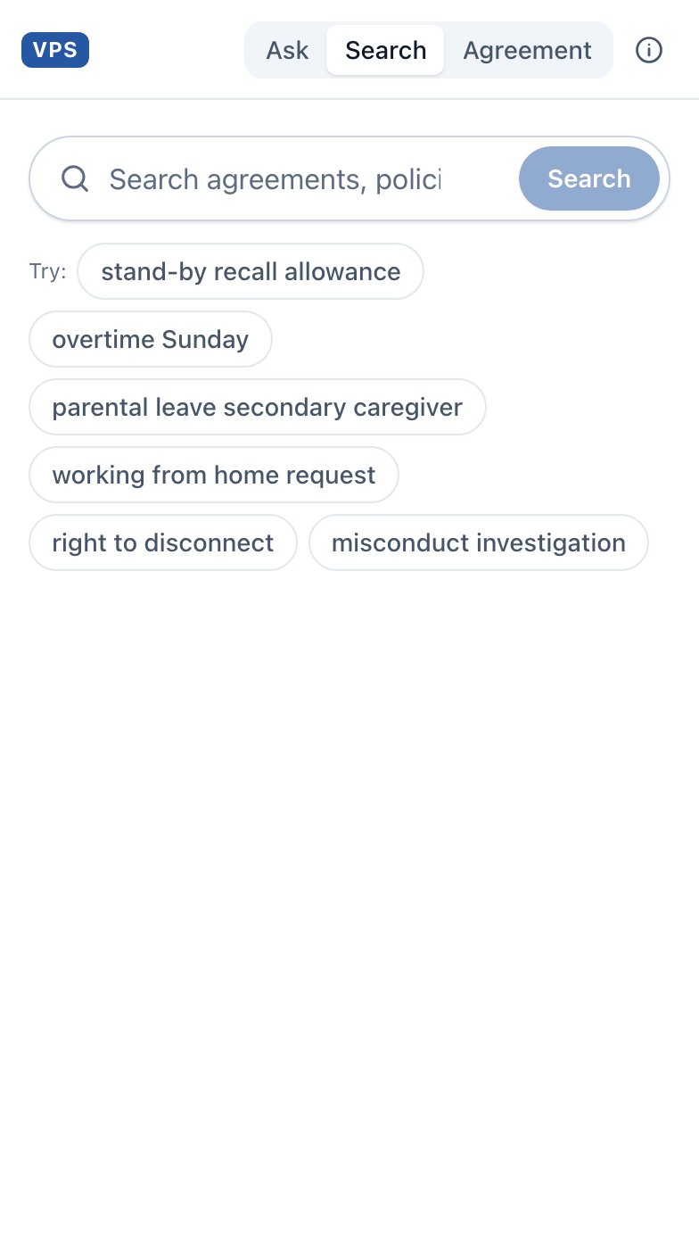 VPSask on iPhone — knowledge-base search with suggested topics such as overtime on Sunday and right to disconnect.