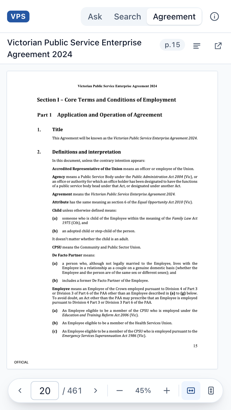VPSask on iPhone — the built-in viewer showing a page of the VPS Enterprise Agreement 2024.