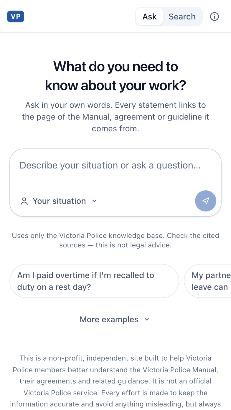 VPask on iPhone — the question screen for Victoria Police members, with example questions.